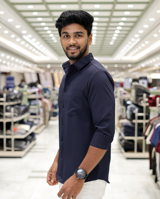 Navy Plain Cotton-Blended Casual Shirt, Comes with Full Sleeves, a Spread Collar, a Slim Fit, and Regular Length
