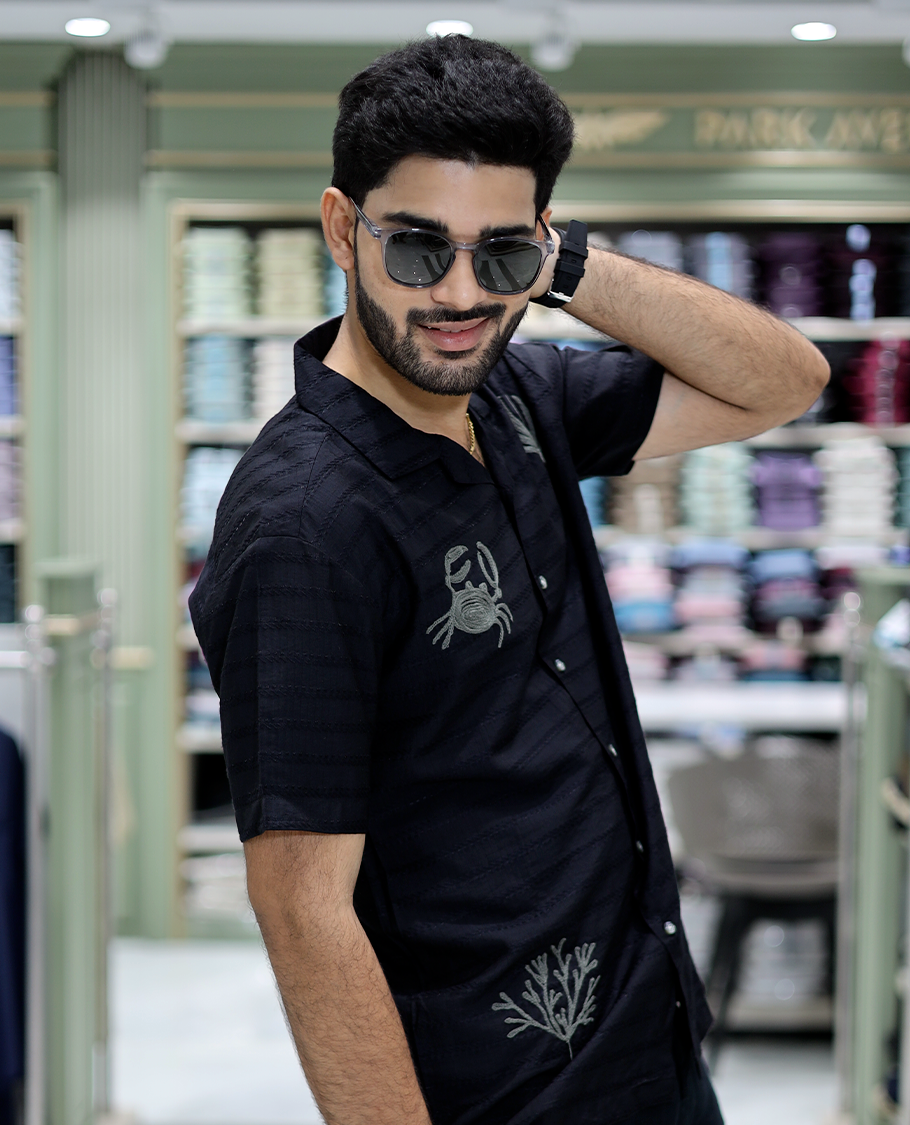 Black Cotton-Blended Casual Shirt Comes with Sea-Themed Embroidery, Half Sleeves, a Cuban Collar, a Boxy Fit, and a Regular Length