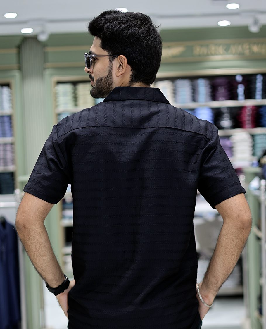 Black Cotton-Blended Casual Shirt Comes with Sea-Themed Embroidery, Half Sleeves, a Cuban Collar, a Boxy Fit, and a Regular Length