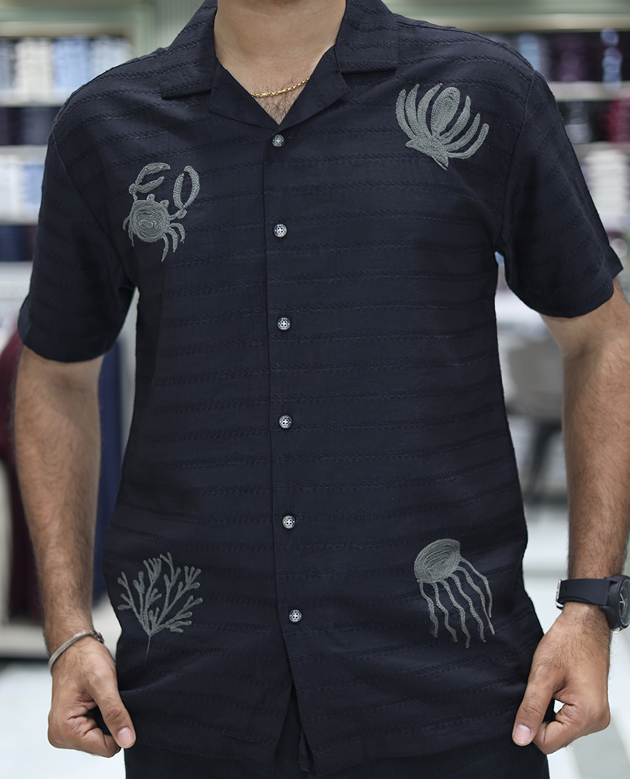Black Cotton-Blended Casual Shirt Comes with Sea-Themed Embroidery, Half Sleeves, a Cuban Collar, a Boxy Fit, and a Regular Length