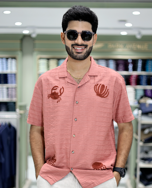 Salmon Cotton-Blended Casual Shirt Comes with Sea-Themed Embroidery, Half Sleeves, a Cuban Collar, a Boxy Fit, and a Regular Length