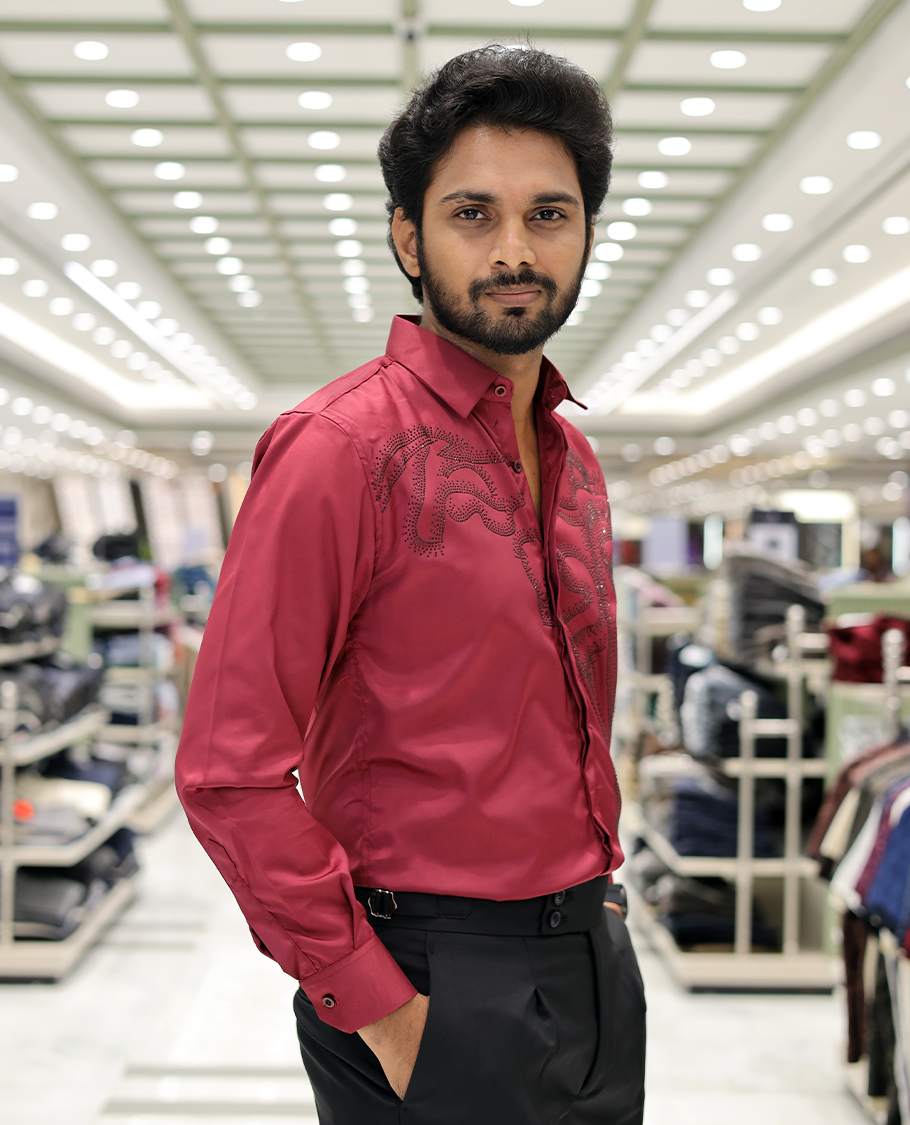 Red Poly-Blended Party Wear Shirt, Features Vines-Themed Stone Work, Full Sleeves, a Spread Collar, Slim Fit, and Regular Length 