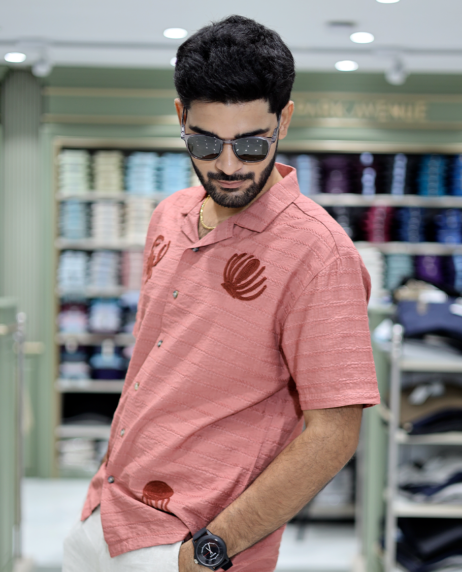 Salmon Cotton-Blended Casual Shirt Comes with Sea-Themed Embroidery, Half Sleeves, a Cuban Collar, a Boxy Fit, and a Regular Length