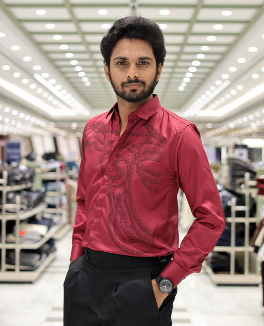 Red Poly-Blended Party Wear Shirt, Features Vines-Themed Stone Work, Full Sleeves, a Spread Collar, Slim Fit, and Regular Length 