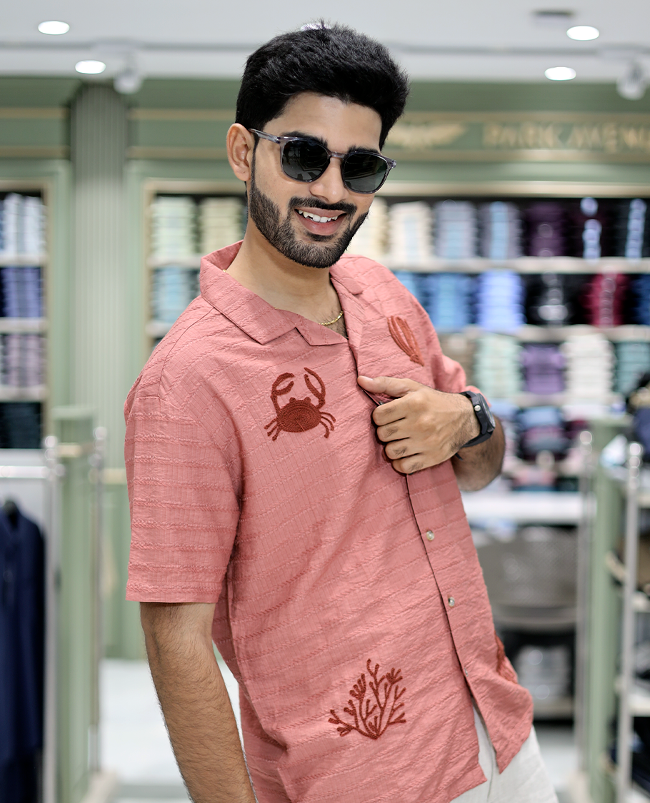 Salmon Cotton-Blended Casual Shirt Comes with Sea-Themed Embroidery, Half Sleeves, a Cuban Collar, a Boxy Fit, and a Regular Length