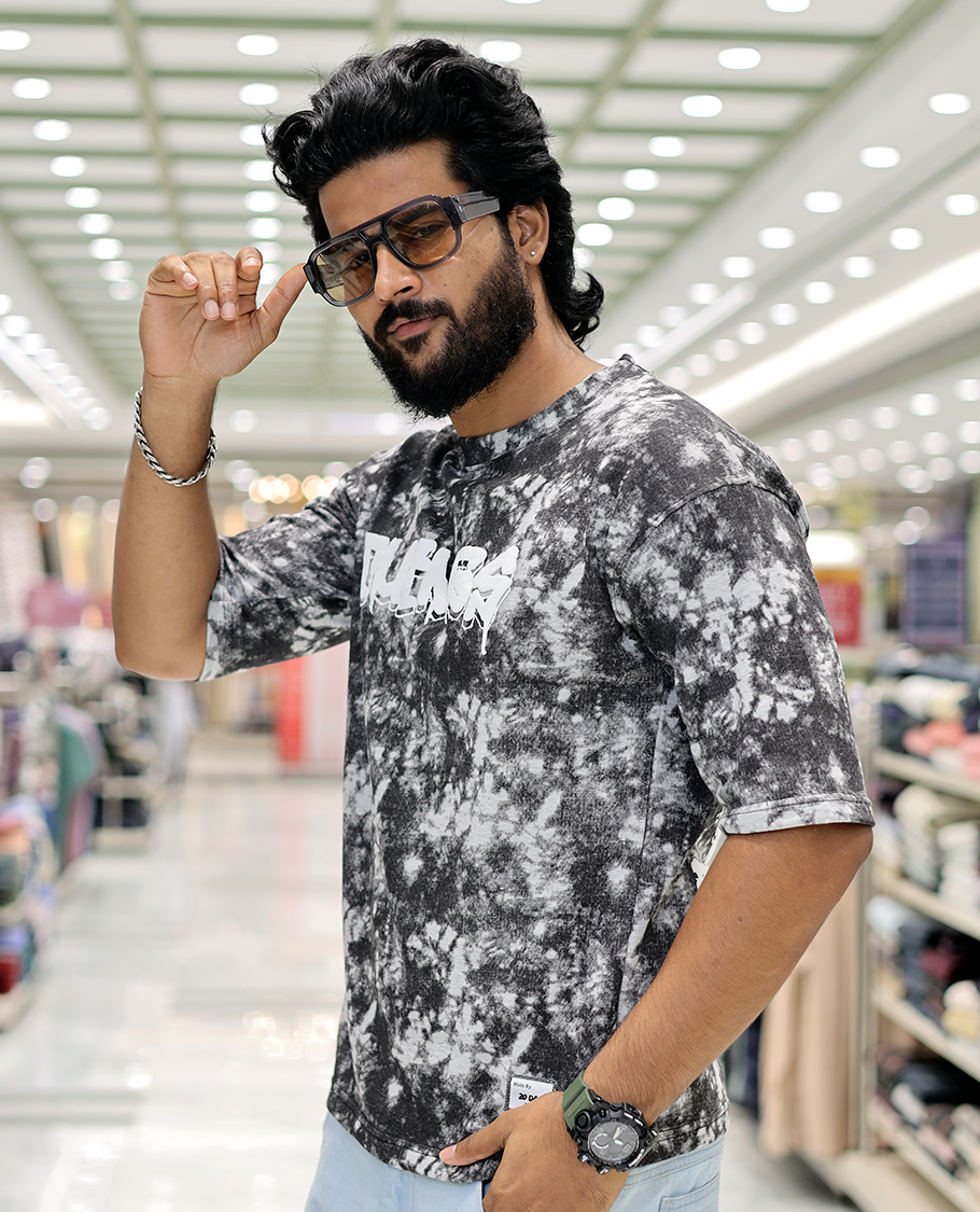 Grey Oversized Cotton-Blended T-Shirt Features an Abstract Dyed Typography Print, Half-Sleeves, Crew Neck, and Regular Length