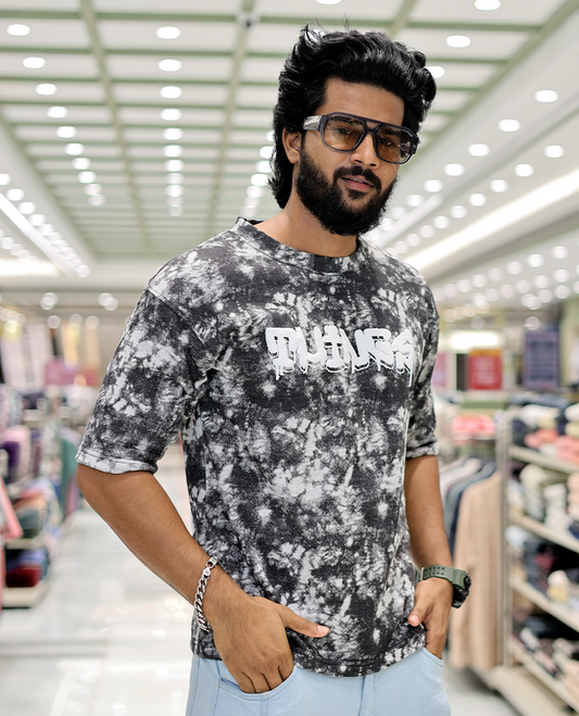 Grey Oversized Cotton-Blended T-Shirt Features an Abstract Dyed Typography Print, Half-Sleeves, Crew Neck, and Regular Length
