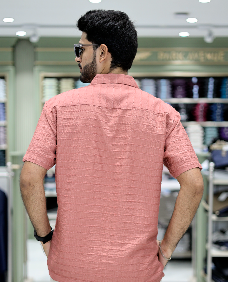 Salmon Cotton-Blended Casual Shirt Comes with Sea-Themed Embroidery, Half Sleeves, a Cuban Collar, a Boxy Fit, and a Regular Length