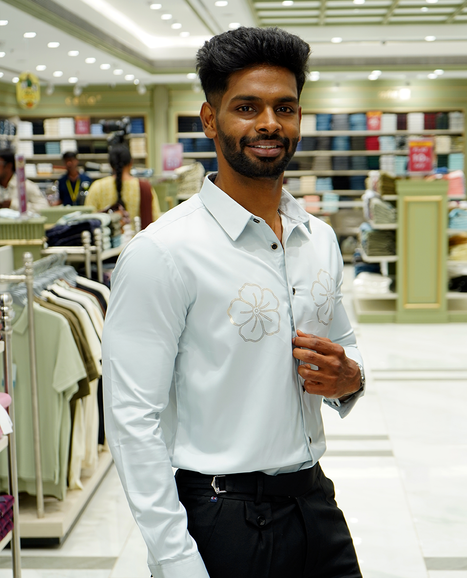 Light Blue Designer Party Wear Shirt Features Flower Work, a Spread Collar, Full Sleeves, a Slim Fit, and Regular Length