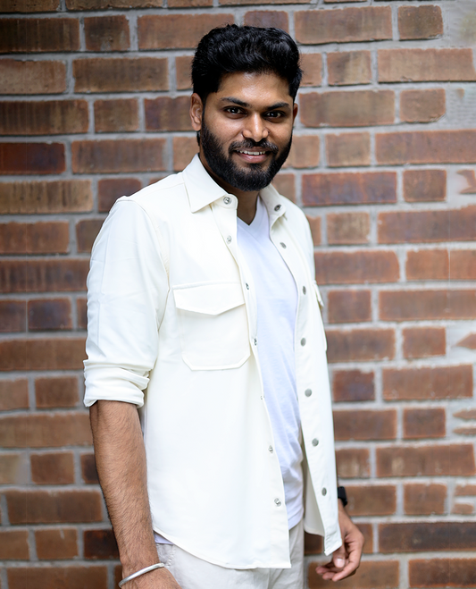 Cream Textured Cotton-Blended Casual Shirt Features Half Sleeves, a Regular Fit, a Cuban Collar, and Regular Length