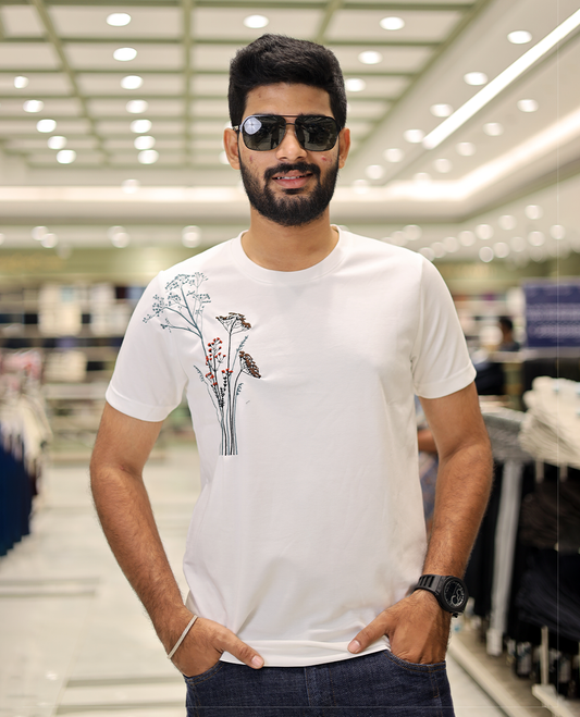 White Cotton-Blended T-Shirt Comes with Floral-Theme Embroidered Motifs, Half-Sleeves, a Crew Neck, a Slim Fit, and Regular Length