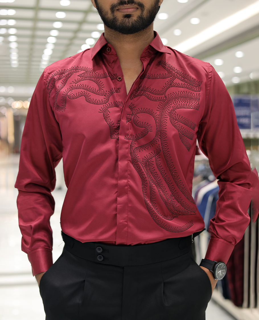 Red Poly-Blended Party Wear Shirt, Features Vines-Themed Stone Work, Full Sleeves, a Spread Collar, Slim Fit, and Regular Length 