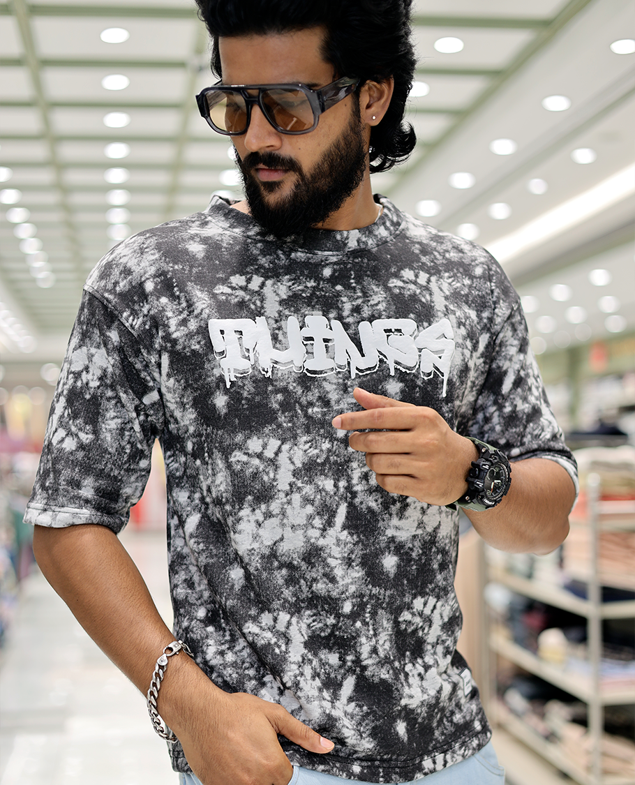 Grey Oversized Cotton-Blended T-Shirt Features an Abstract Dyed Typography Print, Half-Sleeves, Crew Neck, and Regular Length