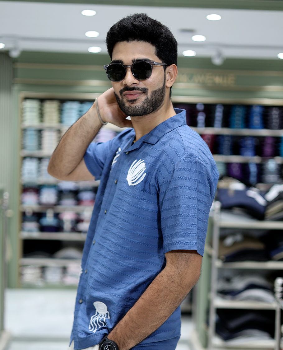 Blue Cotton-Blended Casual Shirt Comes with Sea-Themed Embroidery, Half Sleeves, a Cuban Collar, a Boxy Fit, and a Regular Length