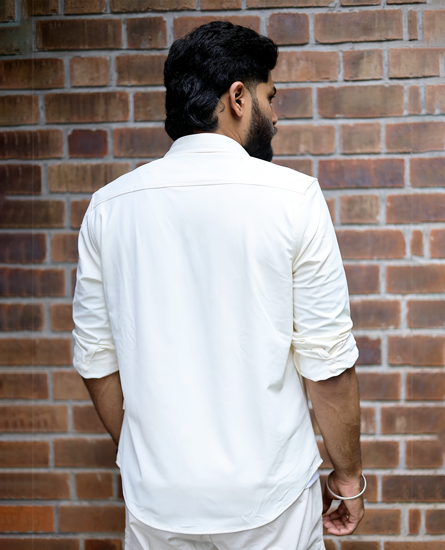 Cream Textured Cotton-Blended Casual Shirt Features Half Sleeves, a Regular Fit, a Cuban Collar, and Regular Length