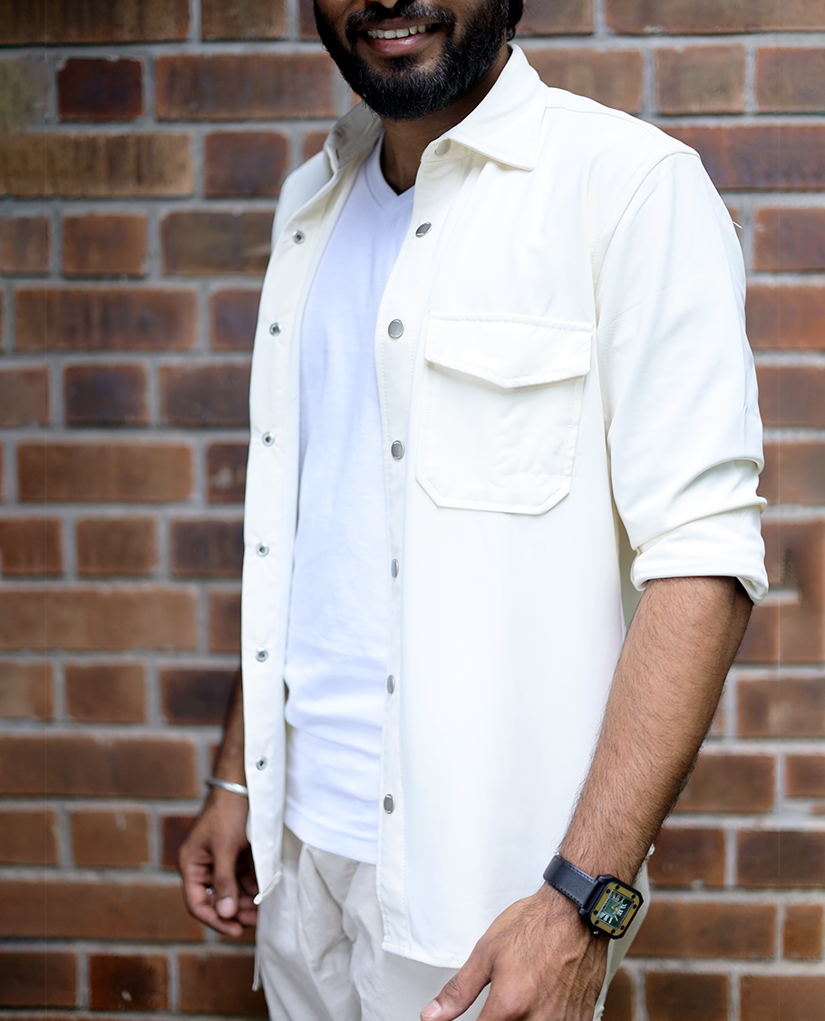 Cream Textured Cotton-Blended Casual Shirt Features Half Sleeves, a Regular Fit, a Cuban Collar, and Regular Length