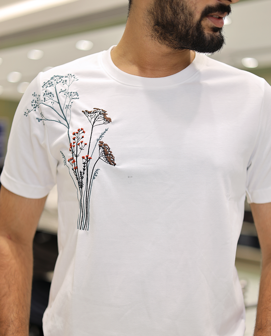 White Cotton-Blended T-Shirt Comes with Floral-Theme Embroidered Motifs, Half-Sleeves, a Crew Neck, a Slim Fit, and Regular Length