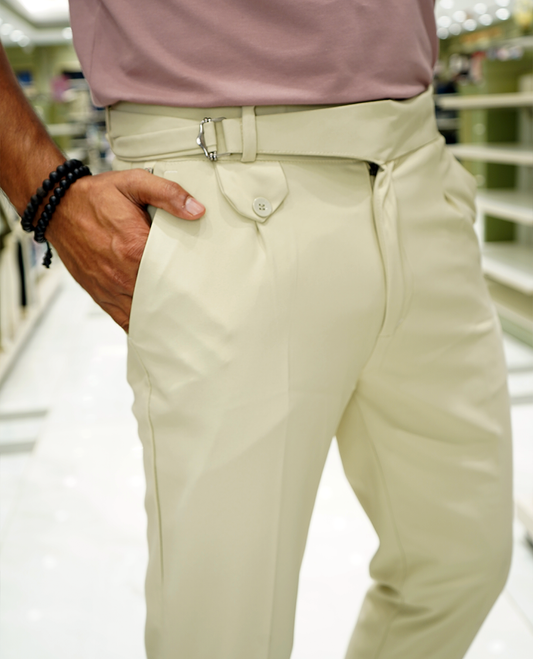 Cream Plain Lycra Material Formal Gurkha Pants Comes with Regular Fit and Regular Length