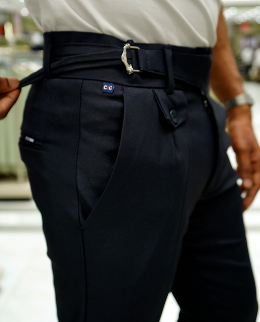 Navy Plain Lycra Material Formal Gurkha Pants Comes with Regular Fit and Regular Length