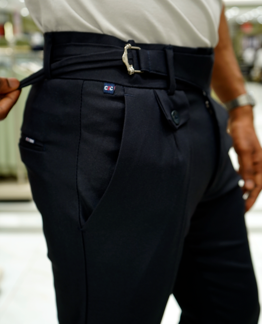 Navy Plain Lycra Material Formal Gurkha Pants Comes with Regular Fit and Regular Length