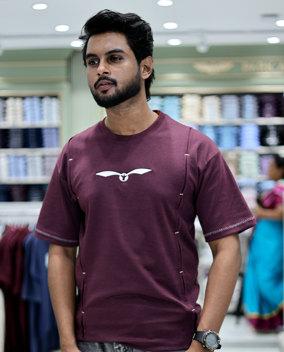 Burgundy Solid Cotton-Blended T-Shirt Features Half Sleeves, a Crew Neck, a Regular Fit, and a Regular Length
