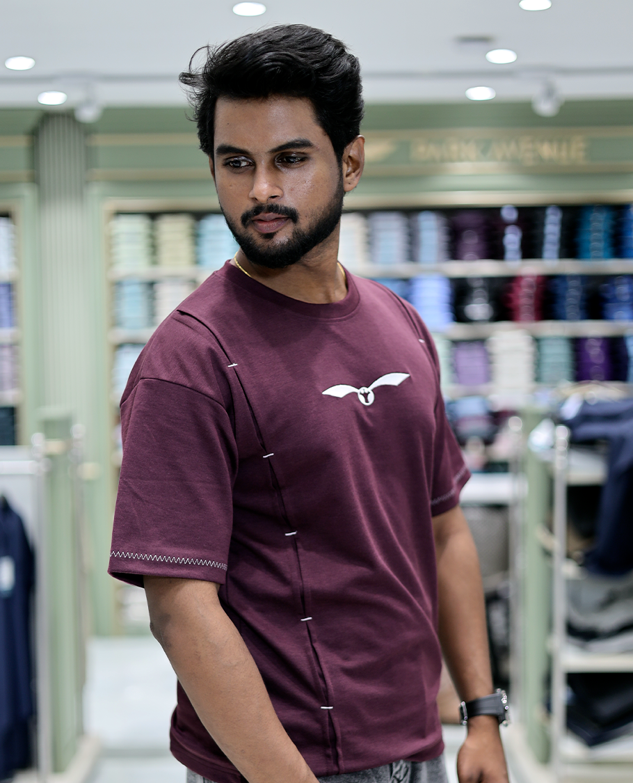 Burgundy Solid Cotton-Blended T-Shirt Features Half Sleeves, a Crew Neck, a Regular Fit, and a Regular Length