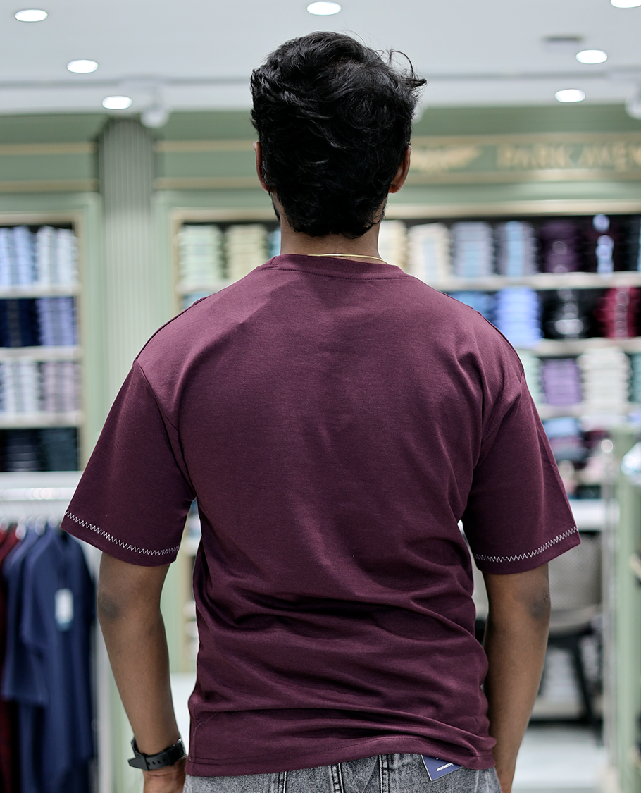 Burgundy Solid Cotton-Blended T-Shirt Features Half Sleeves, a Crew Neck, a Regular Fit, and a Regular Length
