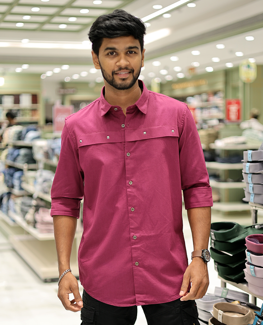 Magenta Cotton-Blended Casual Shirt Features Life-Quotes Backprint, Full-Sleeves, a Spread Collar, a Regular Fit, and a Regular Length