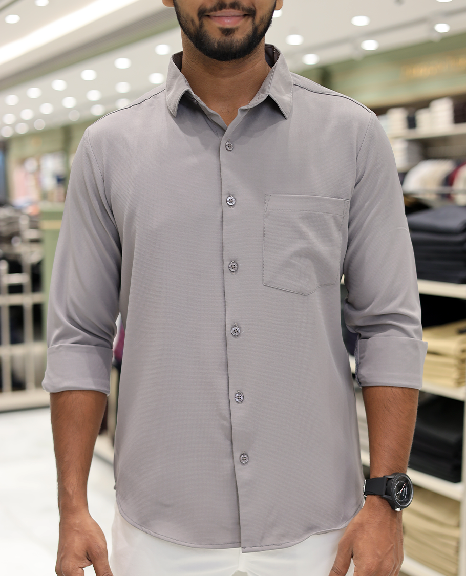 Grey Plain Cotton-Blended Casual Shirt, Comes with Full Sleeves, a Spread Collar, a Slim Fit, and Regular Length