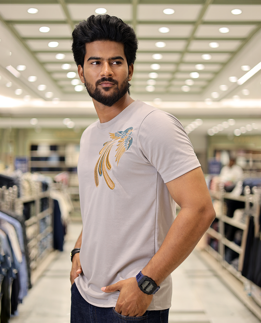 Light Grey Cotton-Blended T-Shirt Comes with Bird Motifs Embroidery, Half-Sleeves, a Crew Neck, a Slim Fit, and Regular Length