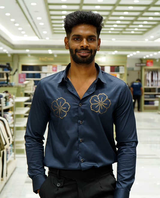 Navy Designer Party Wear Shirt Features Flower Work, a Spread Collar, Full Sleeves, a Slim Fit, and Regular Length