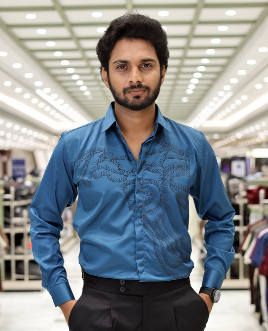 Peacock Blue Poly-Blended Party Wear Shirt, Features Vines-Themed Stone Work, Full Sleeves, a Spread Collar, Slim Fit, and Regular Length 