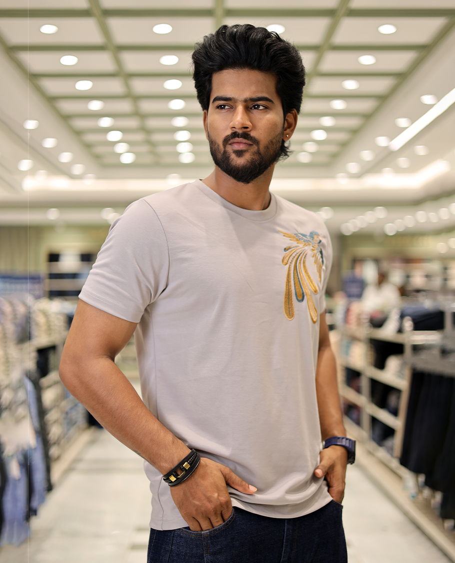 Light Grey Cotton-Blended T-Shirt Comes with Bird Motifs Embroidery, Half-Sleeves, a Crew Neck, a Slim Fit, and Regular Length