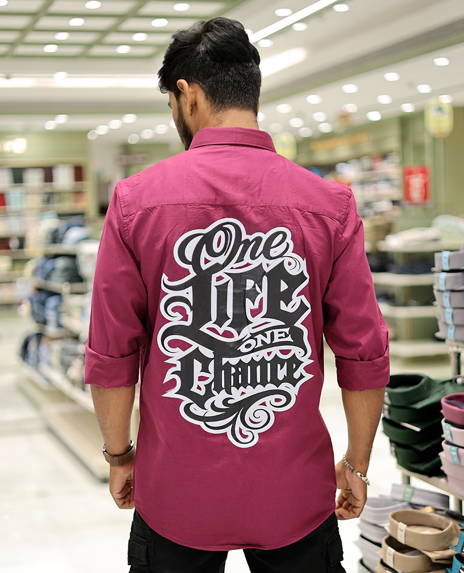 Magenta Cotton-Blended Casual Shirt Features Life-Quotes Backprint, Full-Sleeves, a Spread Collar, a Regular Fit, and a Regular Length