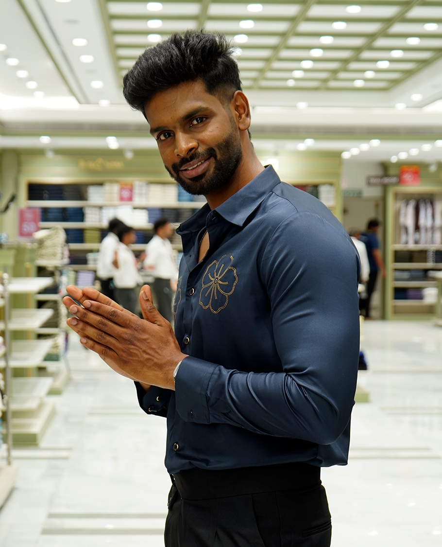 Navy Designer Party Wear Shirt Features Flower Work, a Spread Collar, Full Sleeves, a Slim Fit, and Regular Length