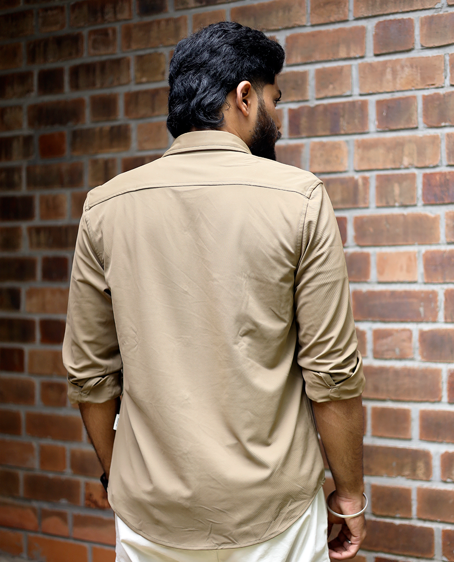 Khaki Solid Poly-Blended Casual Shirt Featuring Full Sleeves, a Spread Collar, a Slim Fit, and Regular Length