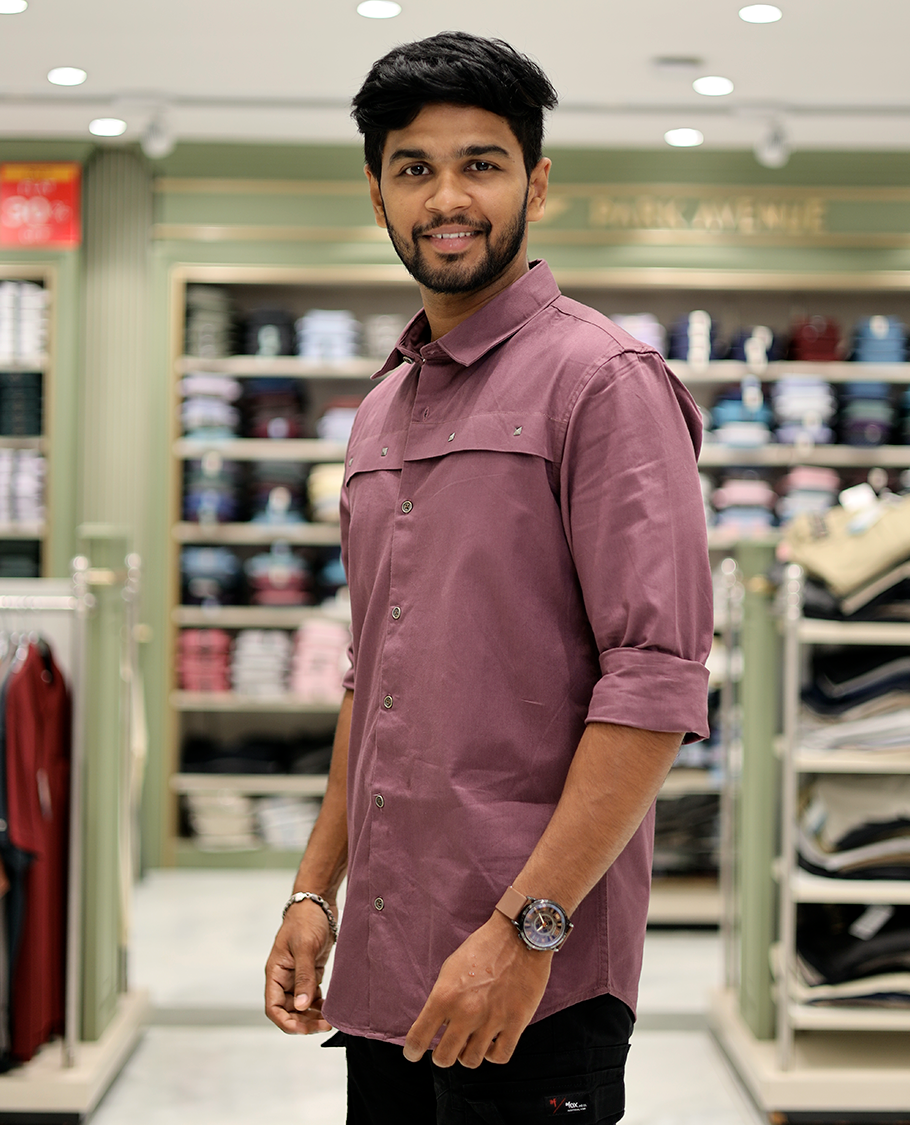Mauve Cotton-Blended Casual Shirt Features Life-Quotes Backprint, Full-Sleeves, a Spread Collar, a Regular Fit, and a Regular Length