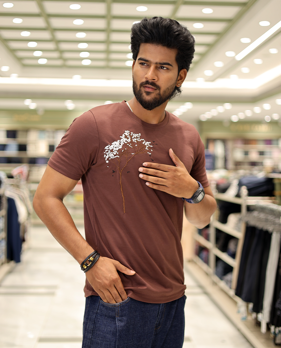Maroon Cotton-Blended T-Shirt Comes with Tree-Bird Motifs Embroidery, Half-Sleeves, a Crew Neck, a Slim Fit, and Regular Length
