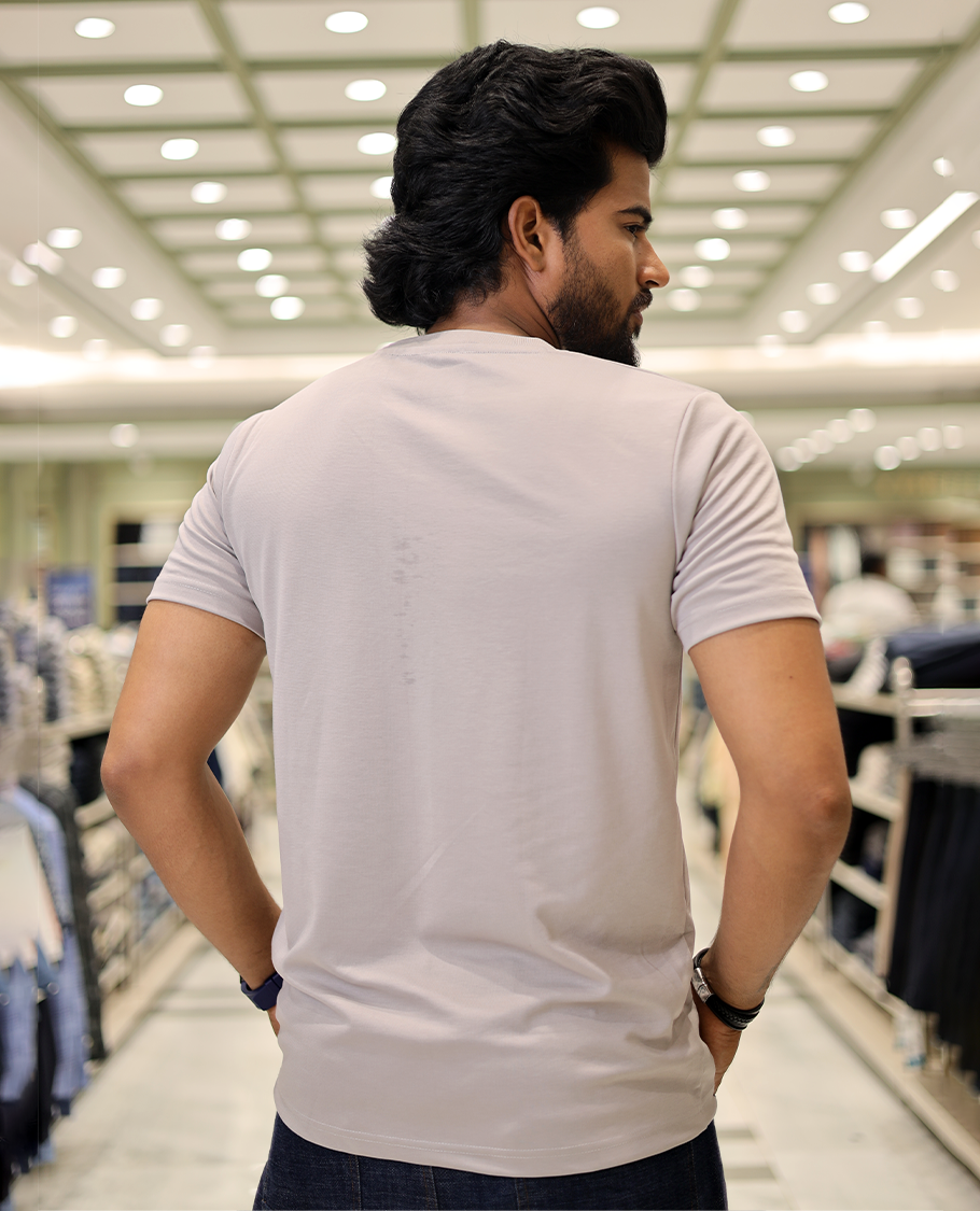 Light Grey Cotton-Blended T-Shirt Comes with Bird Motifs Embroidery, Half-Sleeves, a Crew Neck, a Slim Fit, and Regular Length