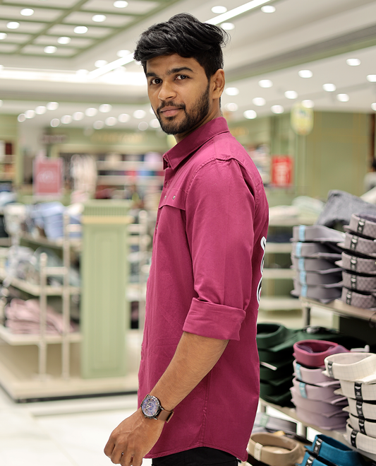 Magenta Cotton-Blended Casual Shirt Features Life-Quotes Backprint, Full-Sleeves, a Spread Collar, a Regular Fit, and a Regular Length