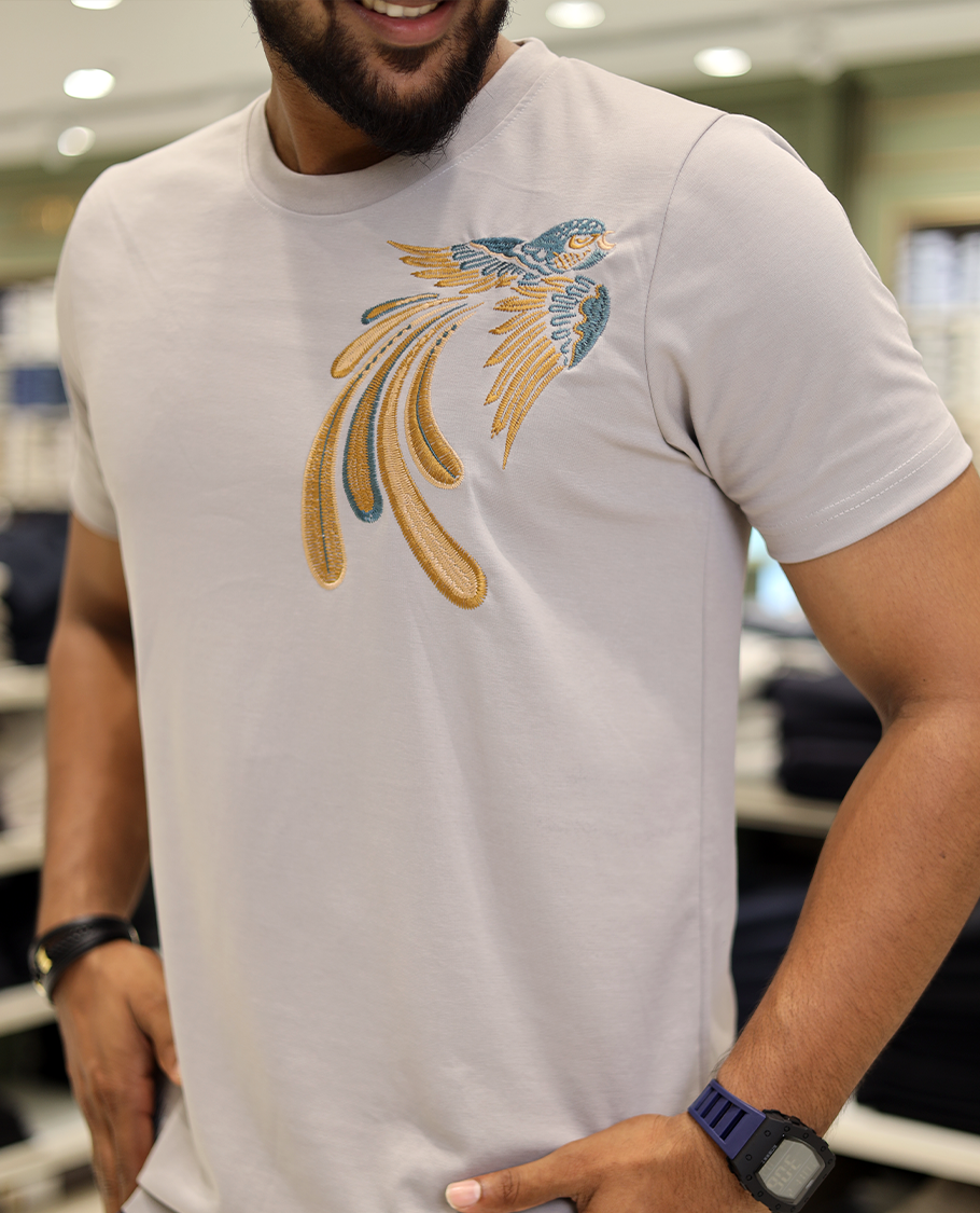 Light Grey Cotton-Blended T-Shirt Comes with Bird Motifs Embroidery, Half-Sleeves, a Crew Neck, a Slim Fit, and Regular Length