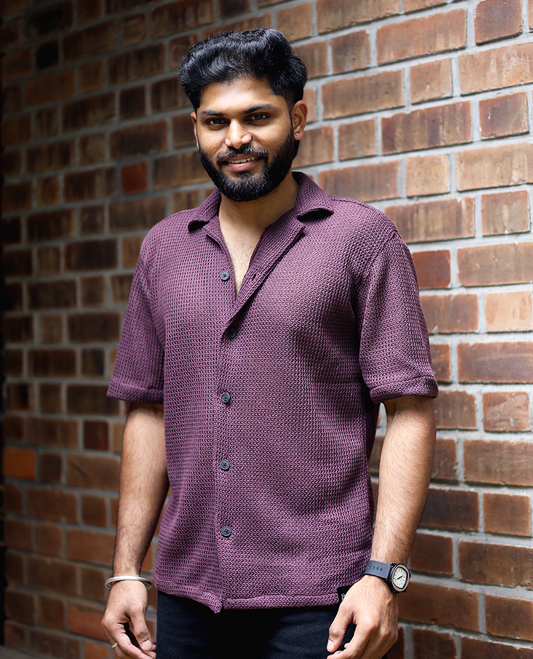 Maroon Cotton-Blended Crochet Casual Shirt Features Half Sleeves, a Regular Fit, a Cuban Collar, and a Regular Length