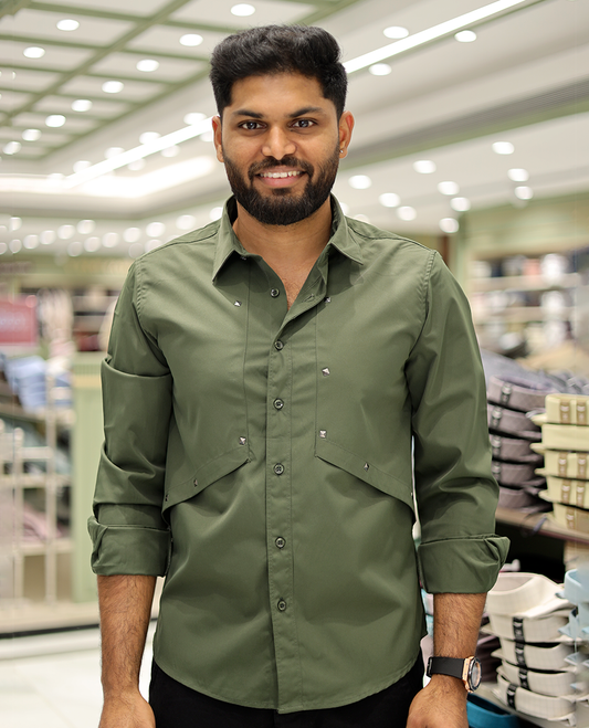 Dark Green Cotton-Blended Casual Shirt Features Life-Quotes Backprint, Full-Sleeves, a Spread Collar, a Regular Fit, and a Regular Length