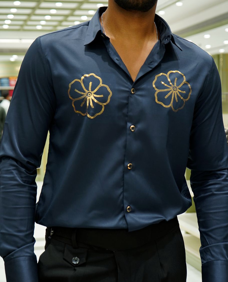 Navy Designer Party Wear Shirt Features Flower Work, a Spread Collar, Full Sleeves, a Slim Fit, and Regular Length