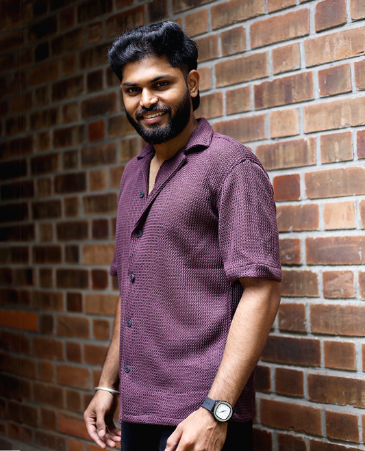 Maroon Cotton-Blended Crochet Casual Shirt Features Half Sleeves, a Regular Fit, a Cuban Collar, and a Regular Length