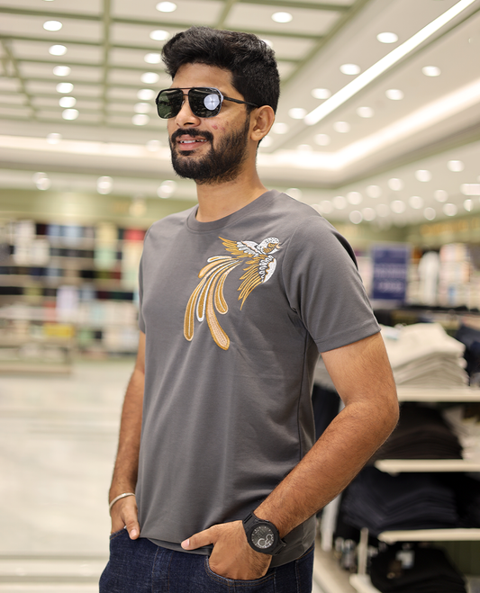 Dark Grey Cotton-Blended T-Shirt Comes with Bird Motifs Embroidery, Half-Sleeves, a Crew Neck, a Slim Fit, and Regular Length