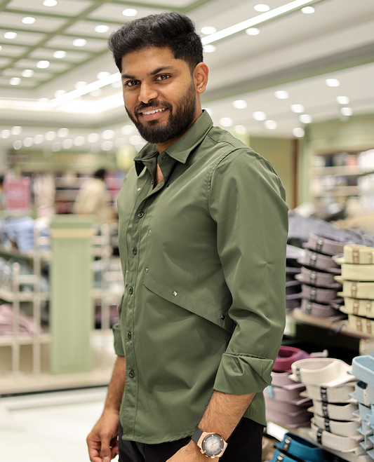 Dark Green Cotton-Blended Casual Shirt Features Life-Quotes Backprint, Full-Sleeves, a Spread Collar, a Regular Fit, and a Regular Length