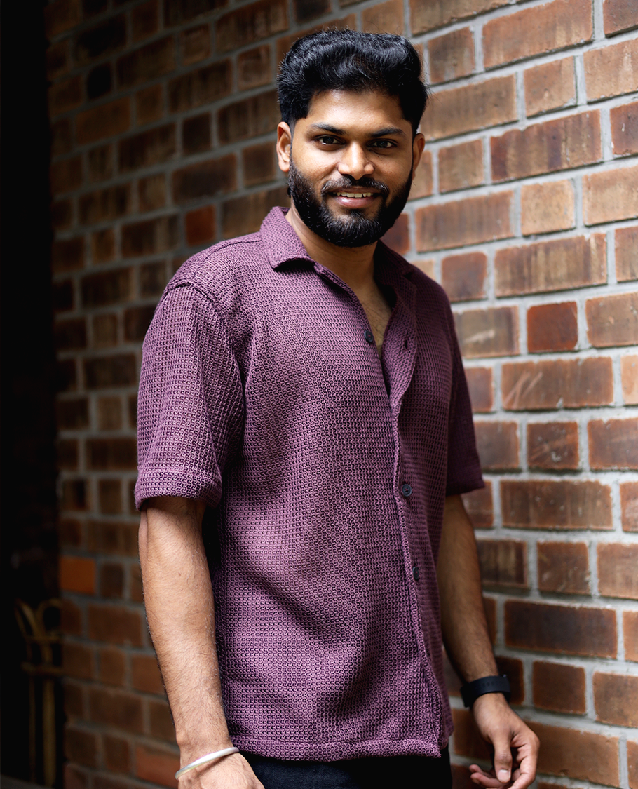 Maroon Cotton-Blended Crochet Casual Shirt Features Half Sleeves, a Regular Fit, a Cuban Collar, and a Regular Length
