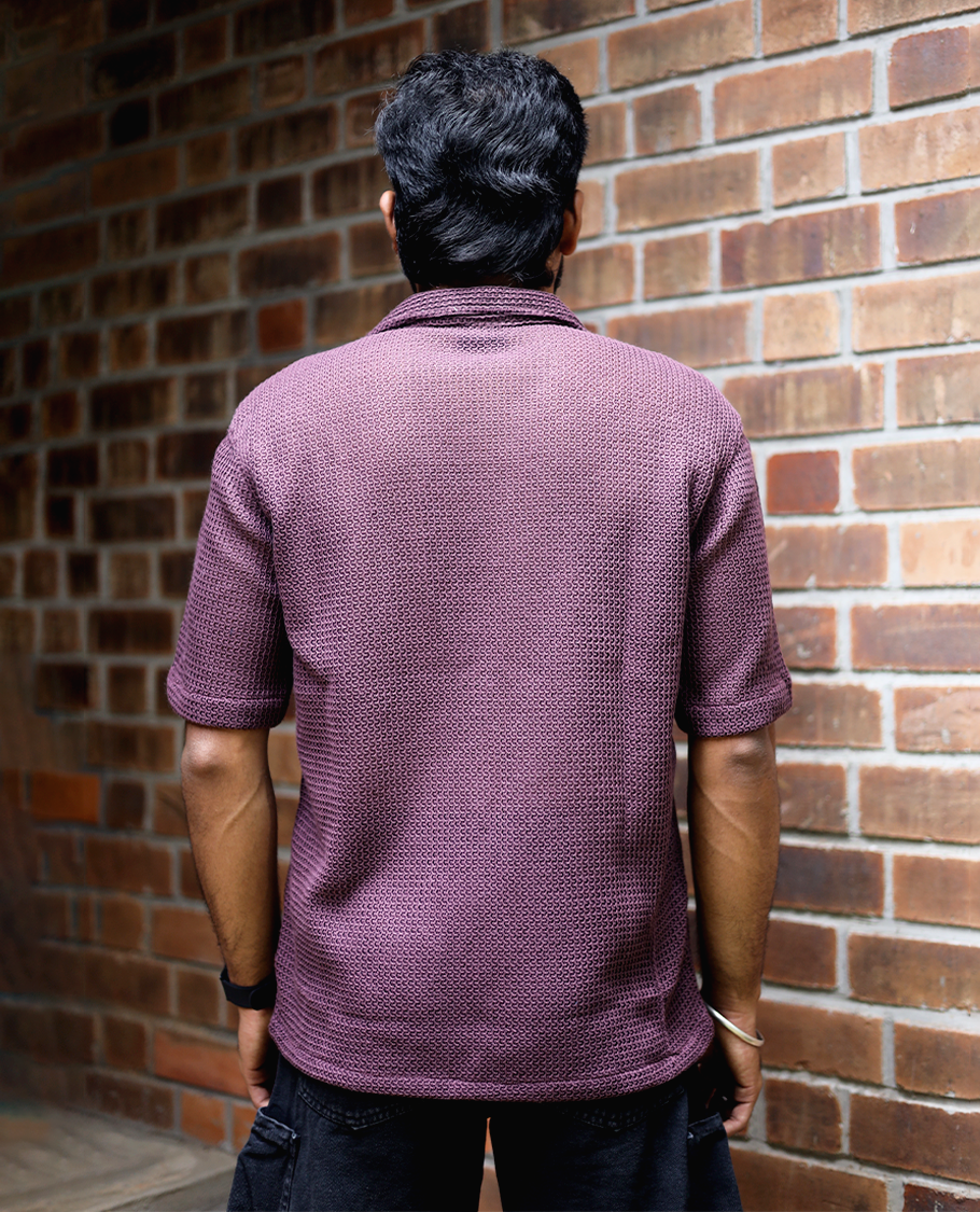 Maroon Cotton-Blended Crochet Casual Shirt Features Half Sleeves, a Regular Fit, a Cuban Collar, and a Regular Length