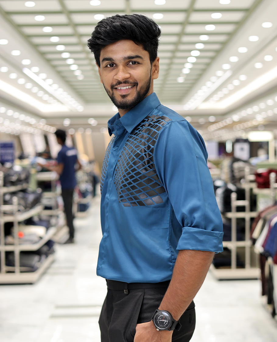 Peacock Blue Poly-Blended Party Wear Shirt, Features Geometric Flock Print, Full Sleeves, Spread Collar, Slim Fit, and Regular Length 